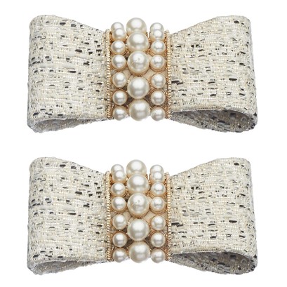 Shoe Clips White Tweed Pearl Bow